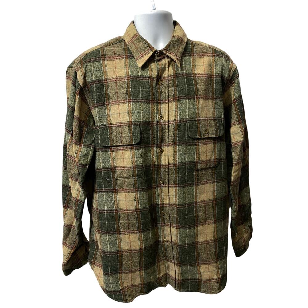 Vintage Brown beige Plaid heavy button up shirt size XL made in Korea